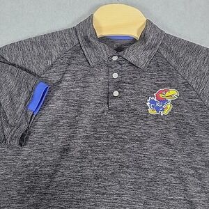 Kansas Jayhawks KU Logo Men's Medium Polo Shirt Heathered Gray Blue‎ Trim Golf